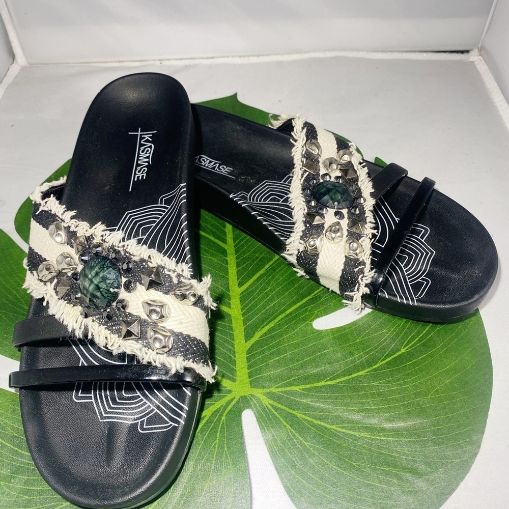 KASMASE JEWELED WITH STRIPED‎ FABRIC RUBBER SLIDE​​​​​
